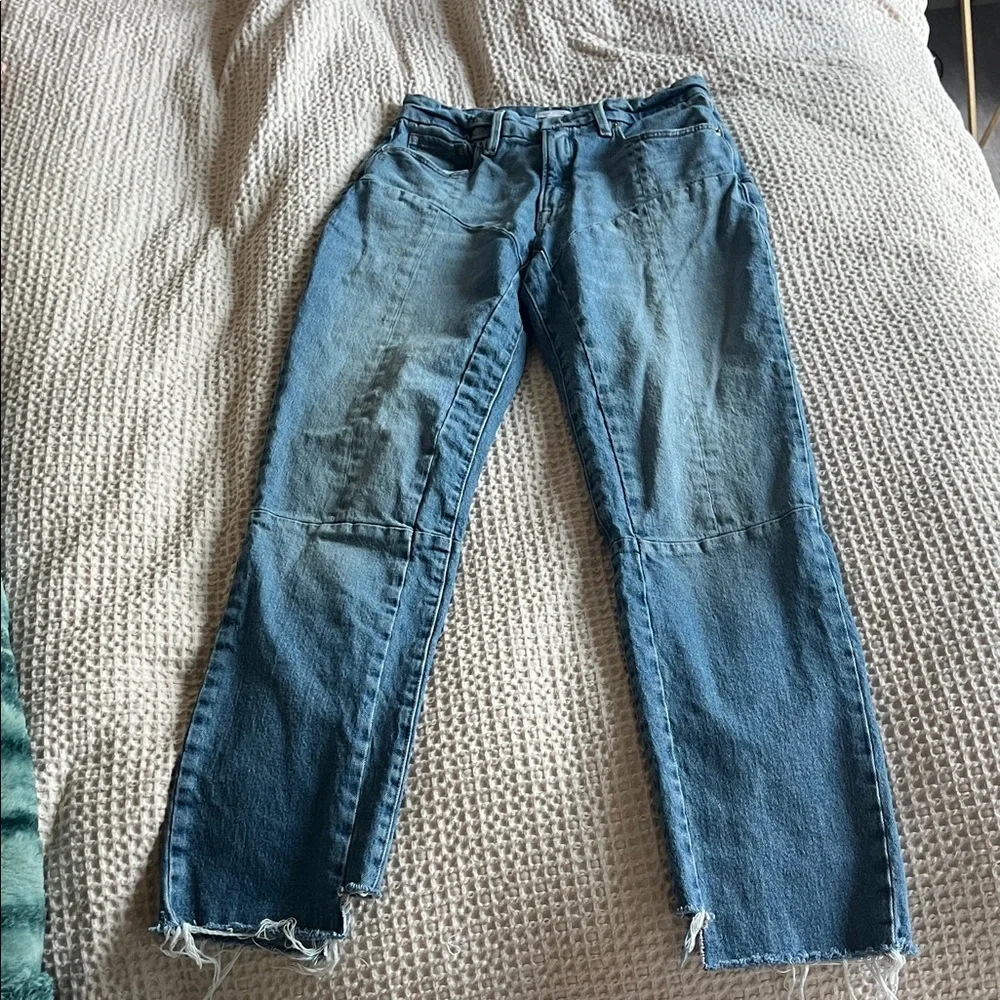 GOOD AMERICAN Blue Patchwork Straight-Leg Jeans - Picture 1 of 5